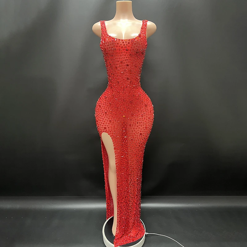 2025Luxury Sparkle Rhinestones Sexy Dress For Women Club Party Birthday Queen Sheer Mesh Elegant Maxi Dress Prom dresses