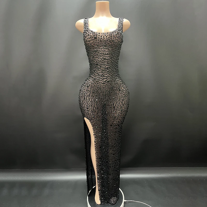 2025Luxury Sparkle Rhinestones Sexy Dress For Women Club Party Birthday Queen Sheer Mesh Elegant Maxi Dress Prom dresses