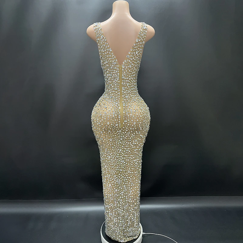 2025Luxury Sparkle Rhinestones Sexy Dress For Women Club Party Birthday Queen Sheer Mesh Elegant Maxi Dress Prom dresses