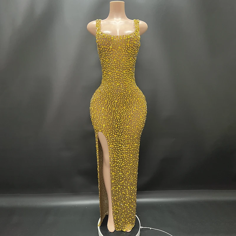 2025Luxury Sparkle Rhinestones Sexy Dress For Women Club Party Birthday Queen Sheer Mesh Elegant Maxi Dress Prom dresses