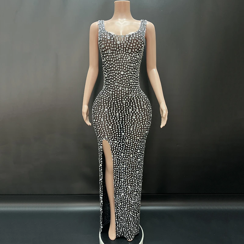 2025Luxury Sparkle Rhinestones Sexy Dress For Women Club Party Birthday Queen Sheer Mesh Elegant Maxi Dress Prom dresses