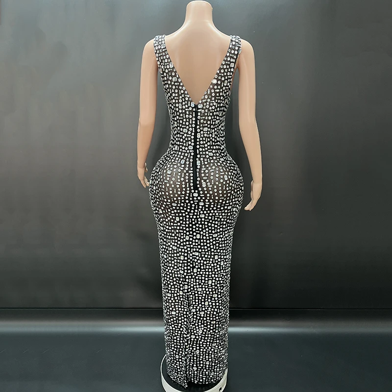 2025Luxury Sparkle Rhinestones Sexy Dress For Women Club Party Birthday Queen Sheer Mesh Elegant Maxi Dress Prom dresses