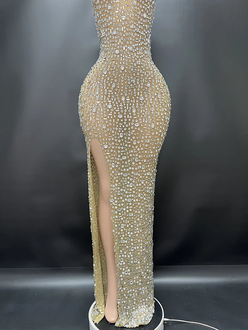 2025Luxury Sparkle Rhinestones Sexy Dress For Women Club Party Birthday Queen Sheer Mesh Elegant Maxi Dress Prom dresses
