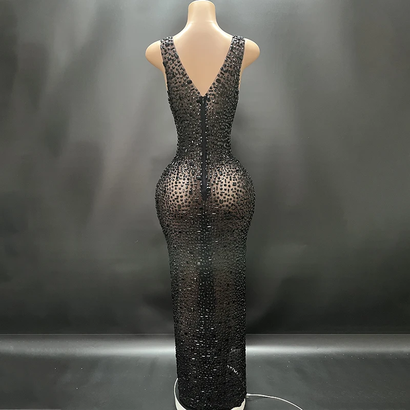2025Luxury Sparkle Rhinestones Sexy Dress For Women Club Party Birthday Queen Sheer Mesh Elegant Maxi Dress Prom dresses