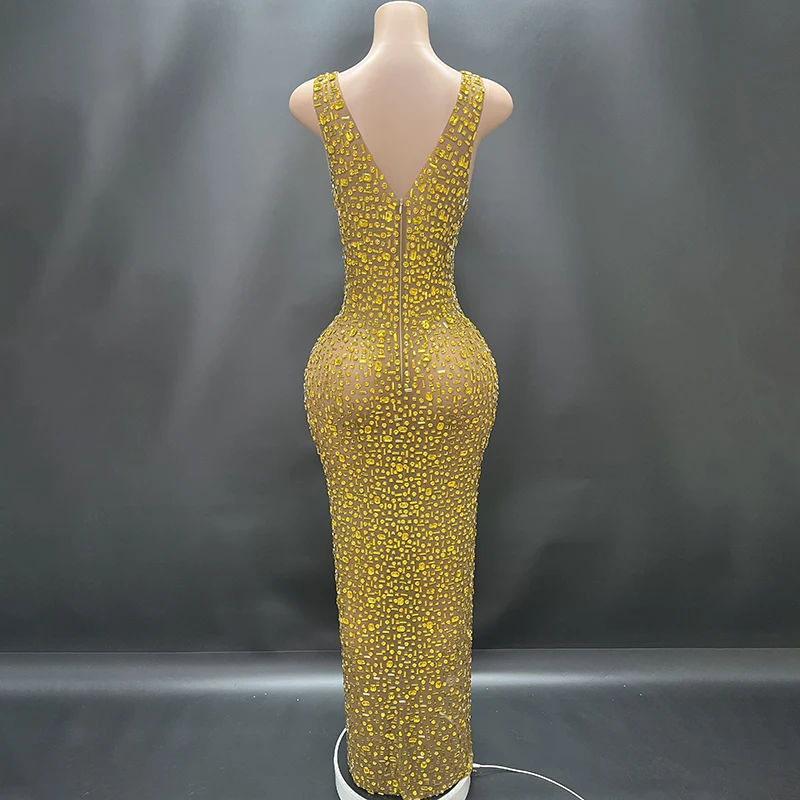 2025Luxury Sparkle Rhinestones Sexy Dress For Women Club Party Birthday Queen Sheer Mesh Elegant Maxi Dress Prom dresses