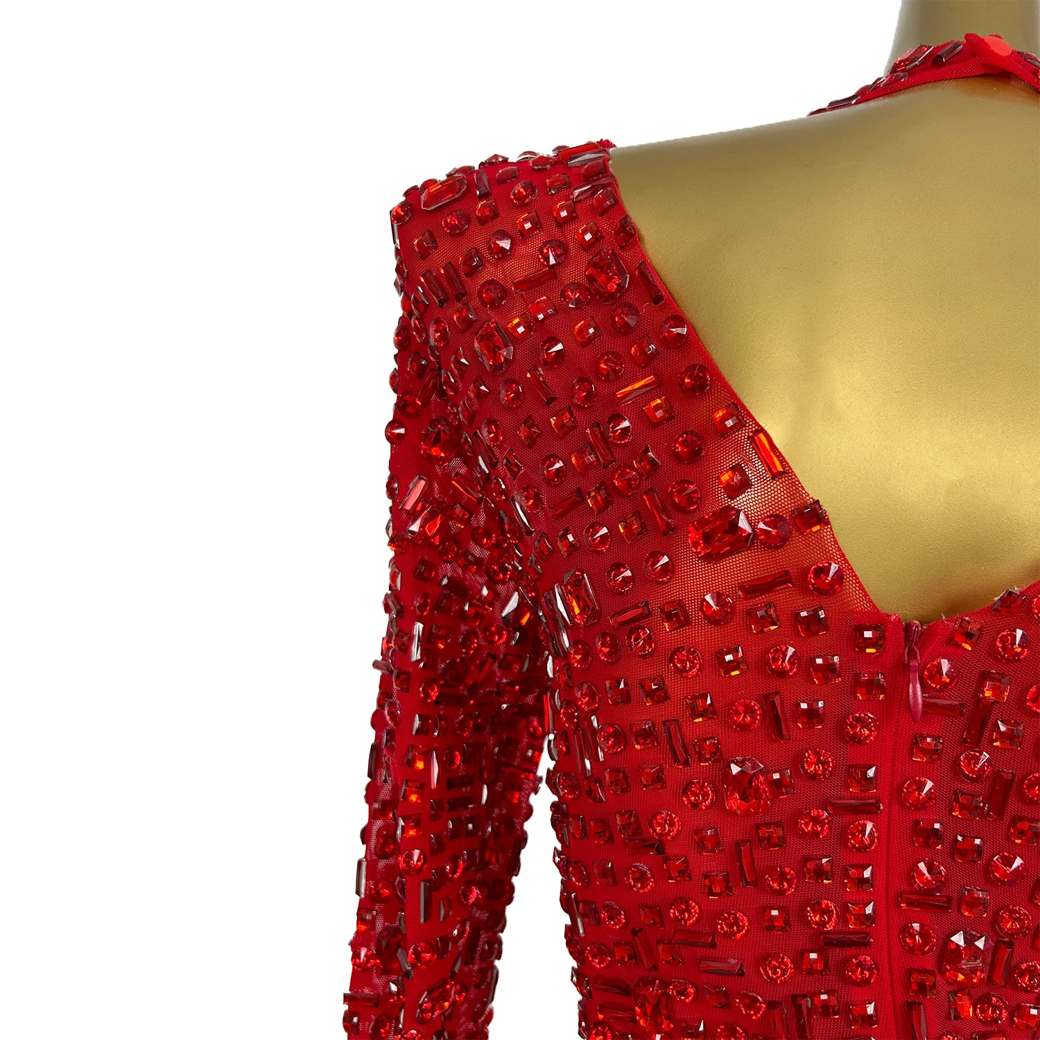 Red Diamonds Dress See Through Long Sleeve Evening Dress Festival Clothing Rhinestone Prom Gowns Special Occasion Dress Gesebei