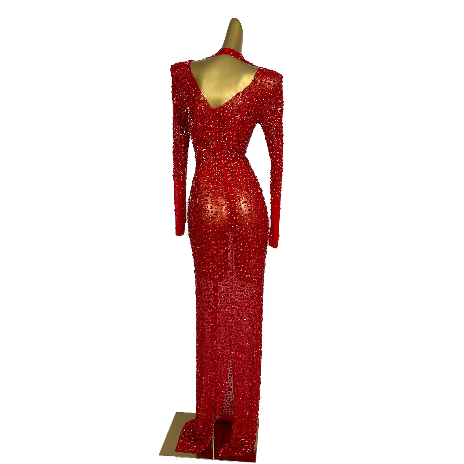 Red Diamonds Dress See Through Long Sleeve Evening Dress Festival Clothing Rhinestone Prom Gowns Special Occasion Dress Gesebei