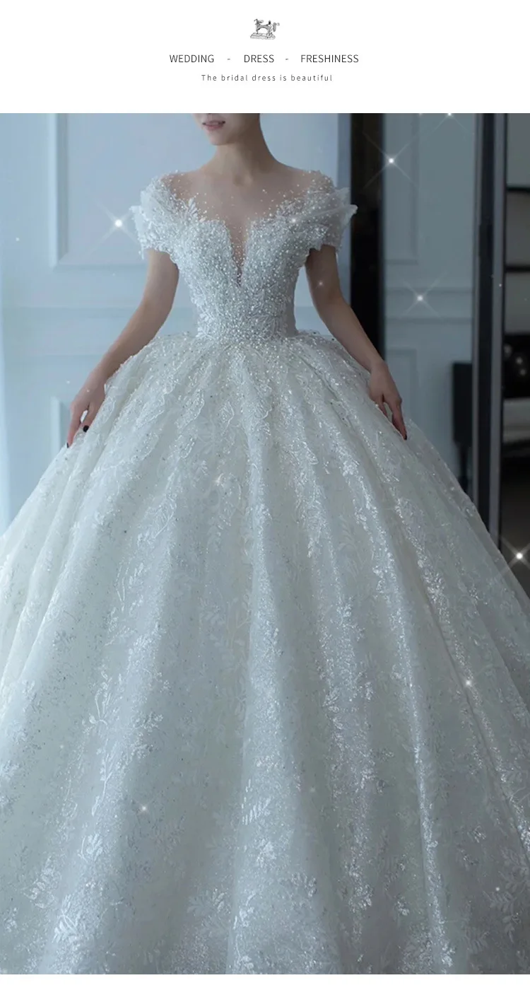 2025 Princess Sexy Luxury Crystal Beaded Wedding Dress Puff Tulle White Gown Bride Pregnant Women's High-end Gown with Trailing