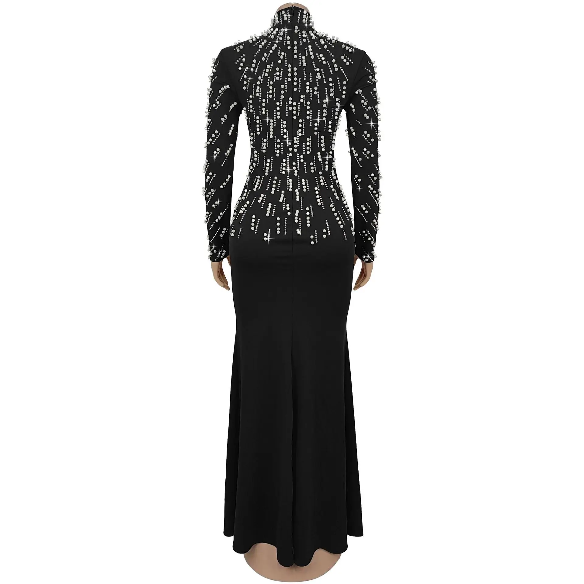 Temperament Elegant Party Diamond Pearl Long Bodycon Dress Women O Neck Long Sleeve Glitter Club Evening Black Sheath Maxi Dress