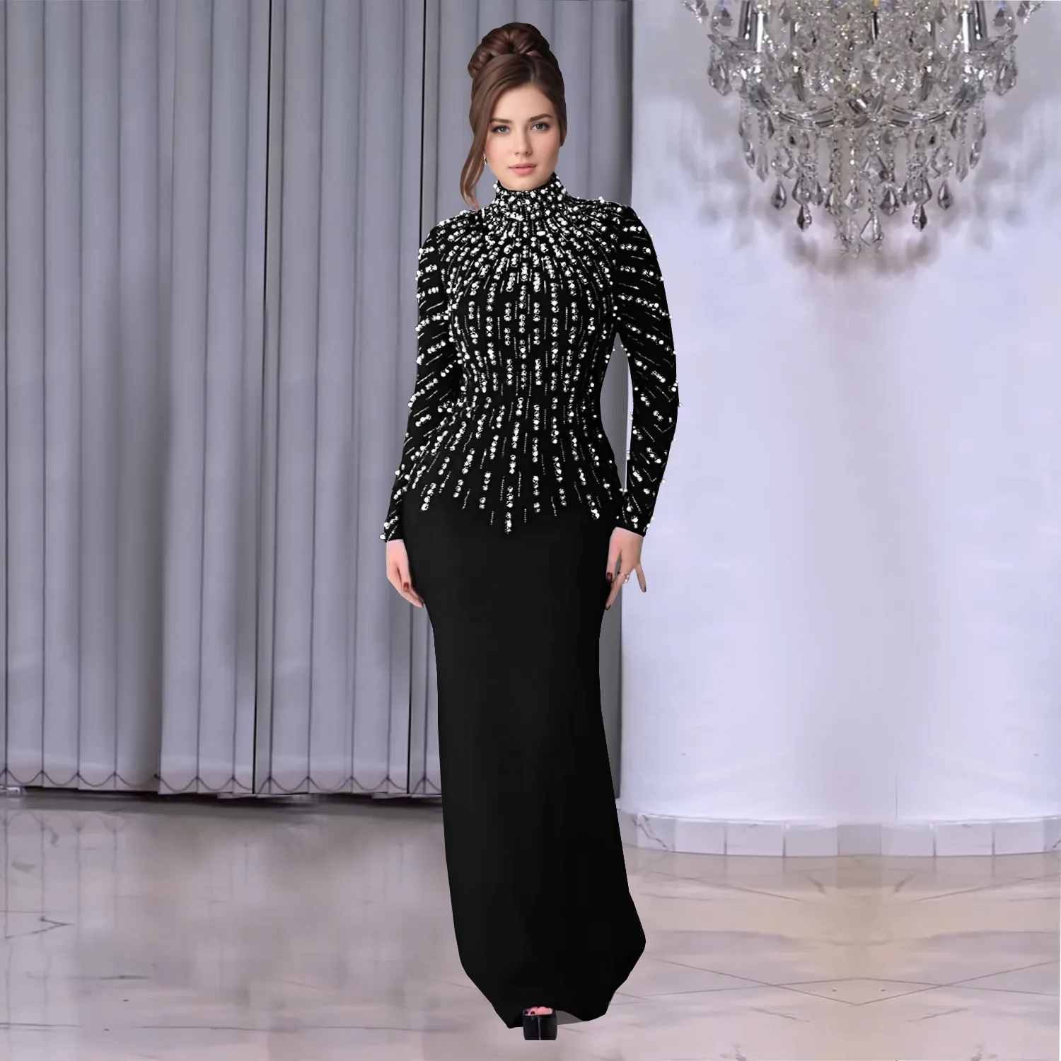 Temperament Elegant Party Diamond Pearl Long Bodycon Dress Women O Neck Long Sleeve Glitter Club Evening Black Sheath Maxi Dress