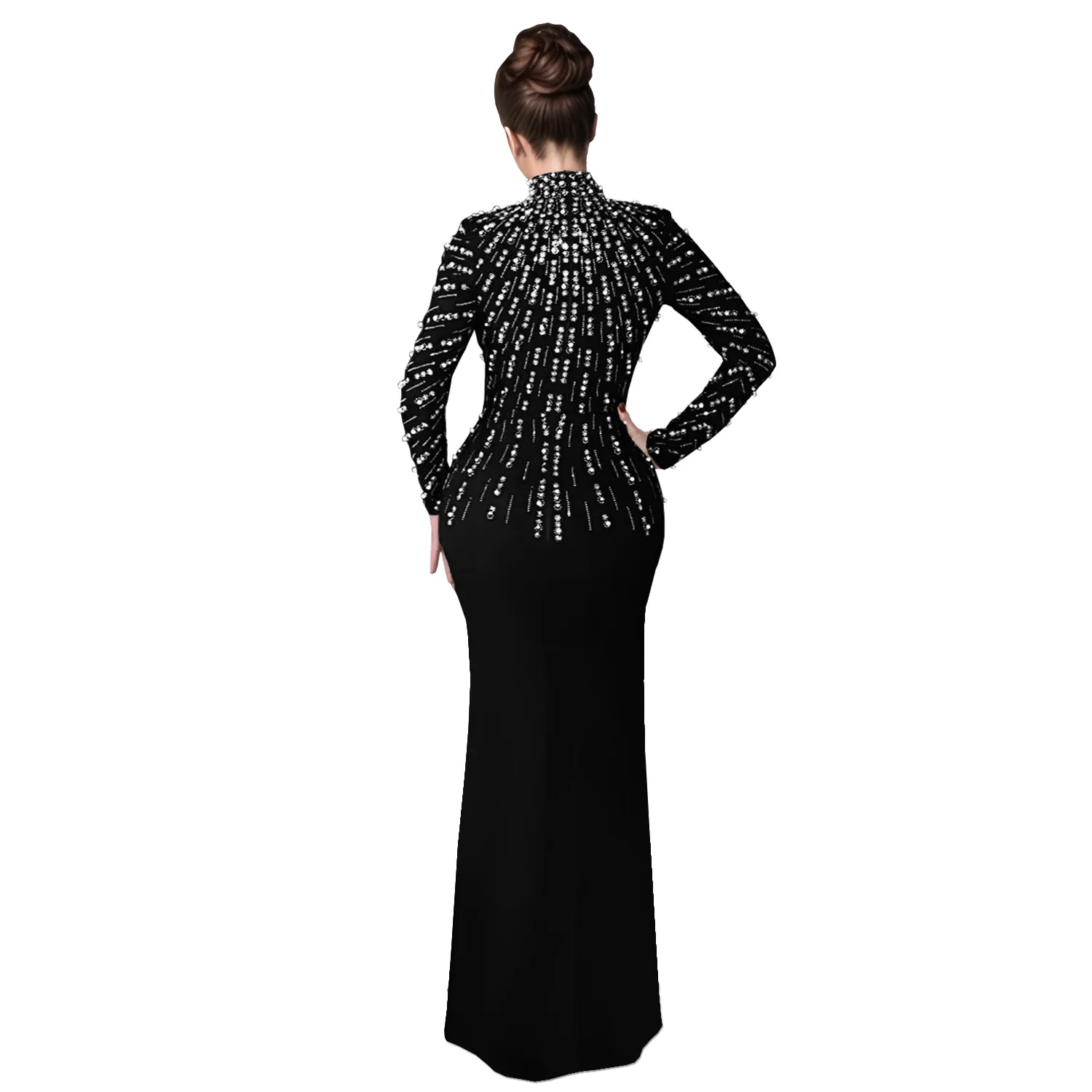 Temperament Elegant Party Diamond Pearl Long Bodycon Dress Women O Neck Long Sleeve Glitter Club Evening Black Sheath Maxi Dress