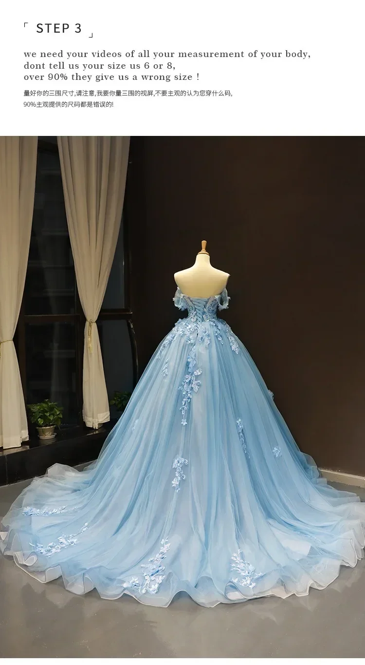 Blue Quinceanera Dresses New Classic Off The Shoulder Princess Prom Dress Lace Appliques Ball Gown With Small Train Custom Size