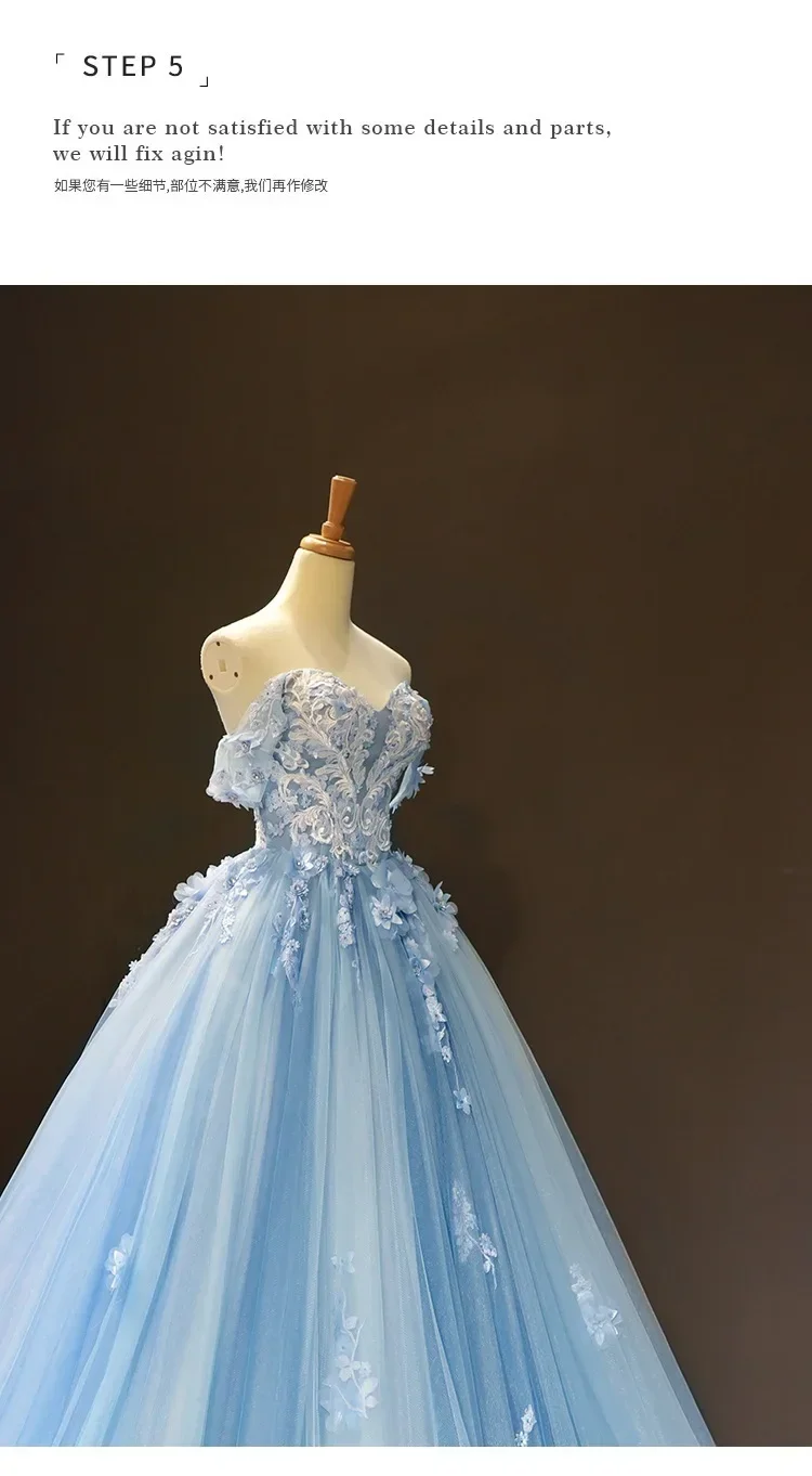Blue Quinceanera Dresses New Classic Off The Shoulder Princess Prom Dress Lace Appliques Ball Gown With Small Train Custom Size