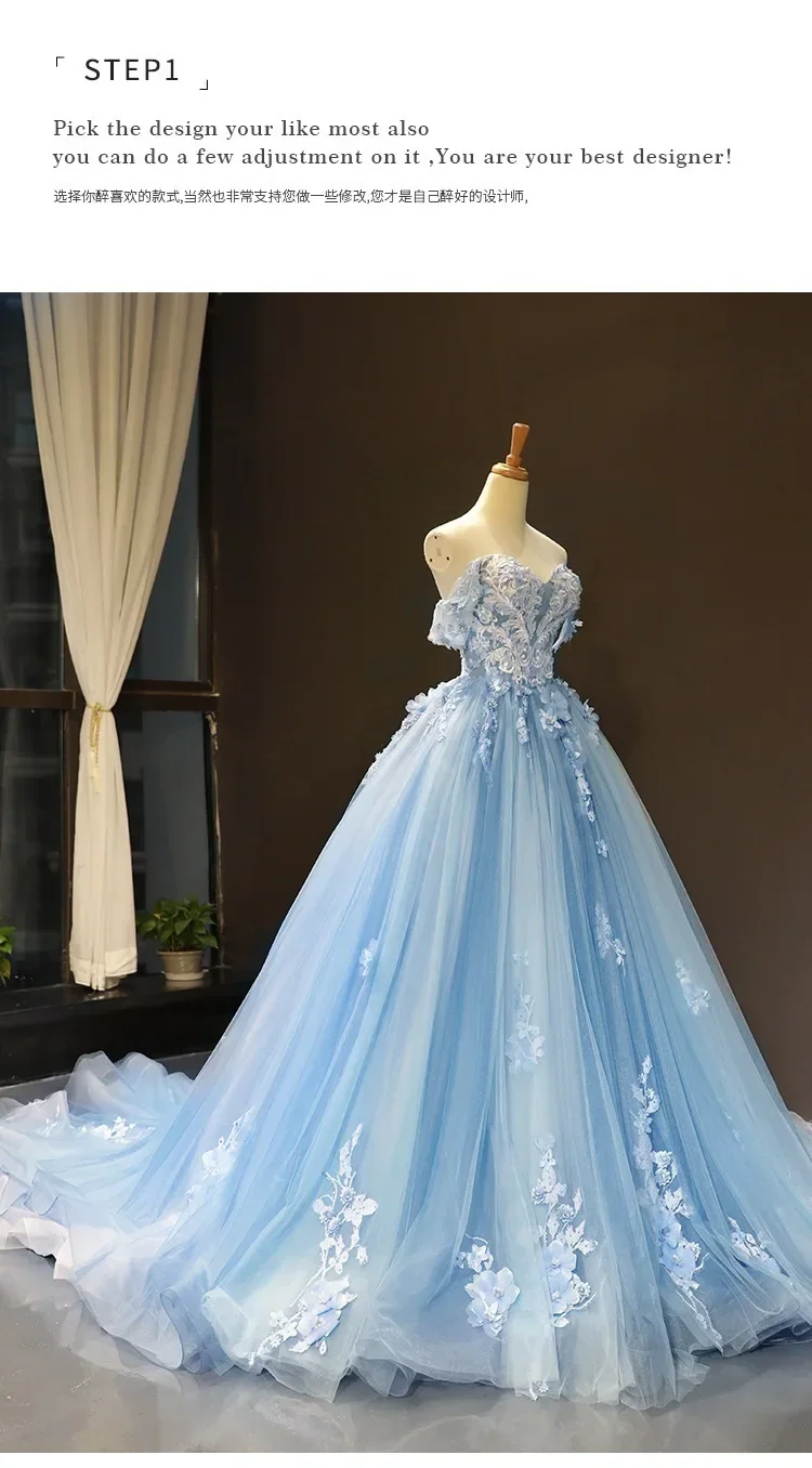 Blue Quinceanera Dresses New Classic Off The Shoulder Princess Prom Dress Lace Appliques Ball Gown With Small Train Custom Size