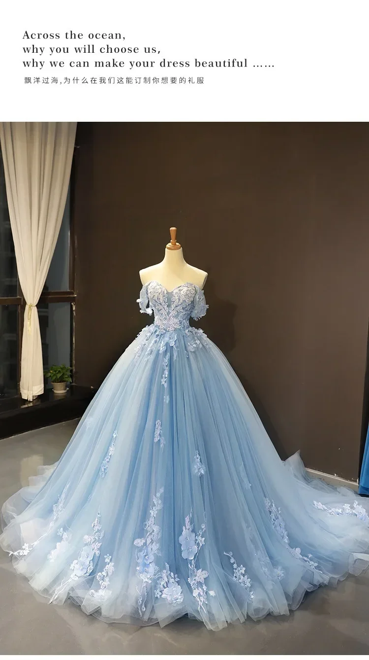 Blue Quinceanera Dresses New Classic Off The Shoulder Princess Prom Dress Lace Appliques Ball Gown With Small Train Custom Size