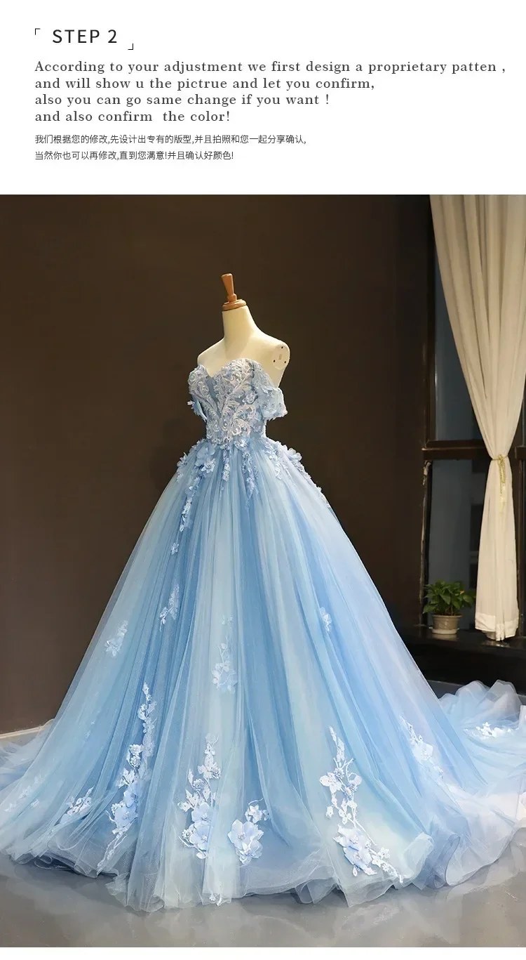 Blue Quinceanera Dresses New Classic Off The Shoulder Princess Prom Dress Lace Appliques Ball Gown With Small Train Custom Size