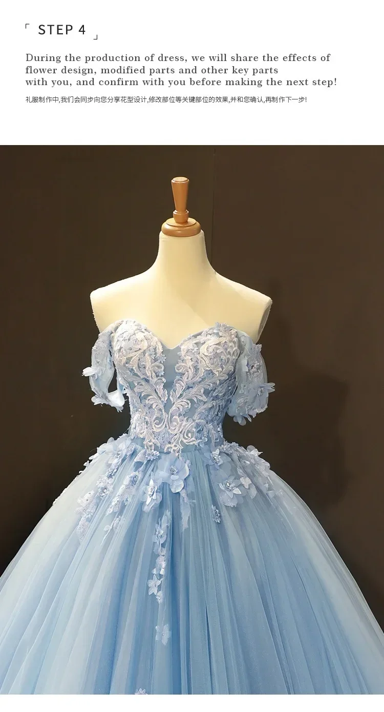 Blue Quinceanera Dresses New Classic Off The Shoulder Princess Prom Dress Lace Appliques Ball Gown With Small Train Custom Size