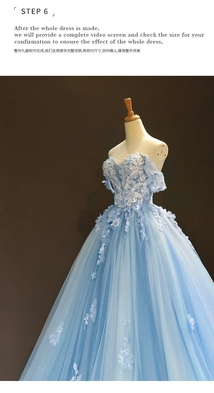 Blue Quinceanera Dresses New Classic Off The Shoulder Princess Prom Dress Lace Appliques Ball Gown With Small Train Custom Size