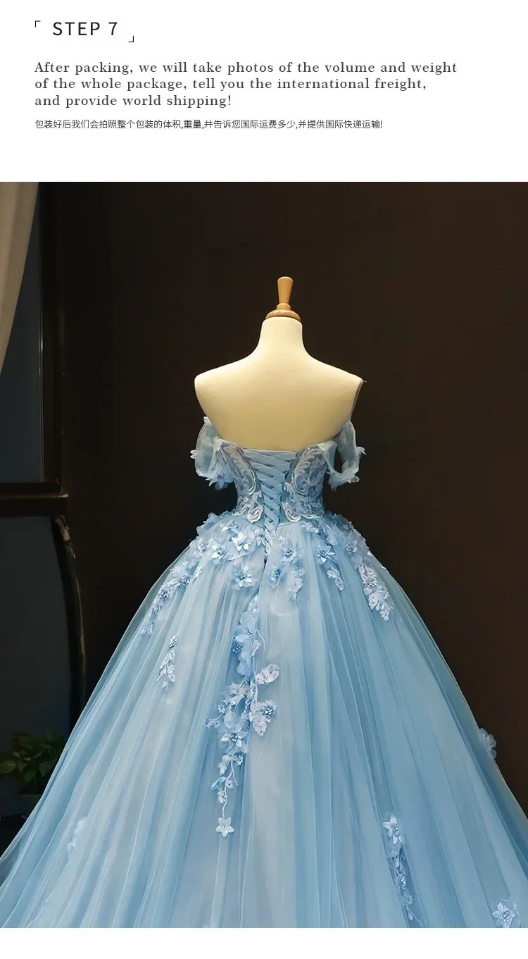 Blue Quinceanera Dresses New Classic Off The Shoulder Princess Prom Dress Lace Appliques Ball Gown With Small Train Custom Size