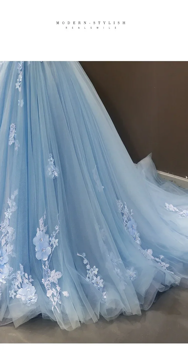 Blue Quinceanera Dresses New Classic Off The Shoulder Princess Prom Dress Lace Appliques Ball Gown With Small Train Custom Size