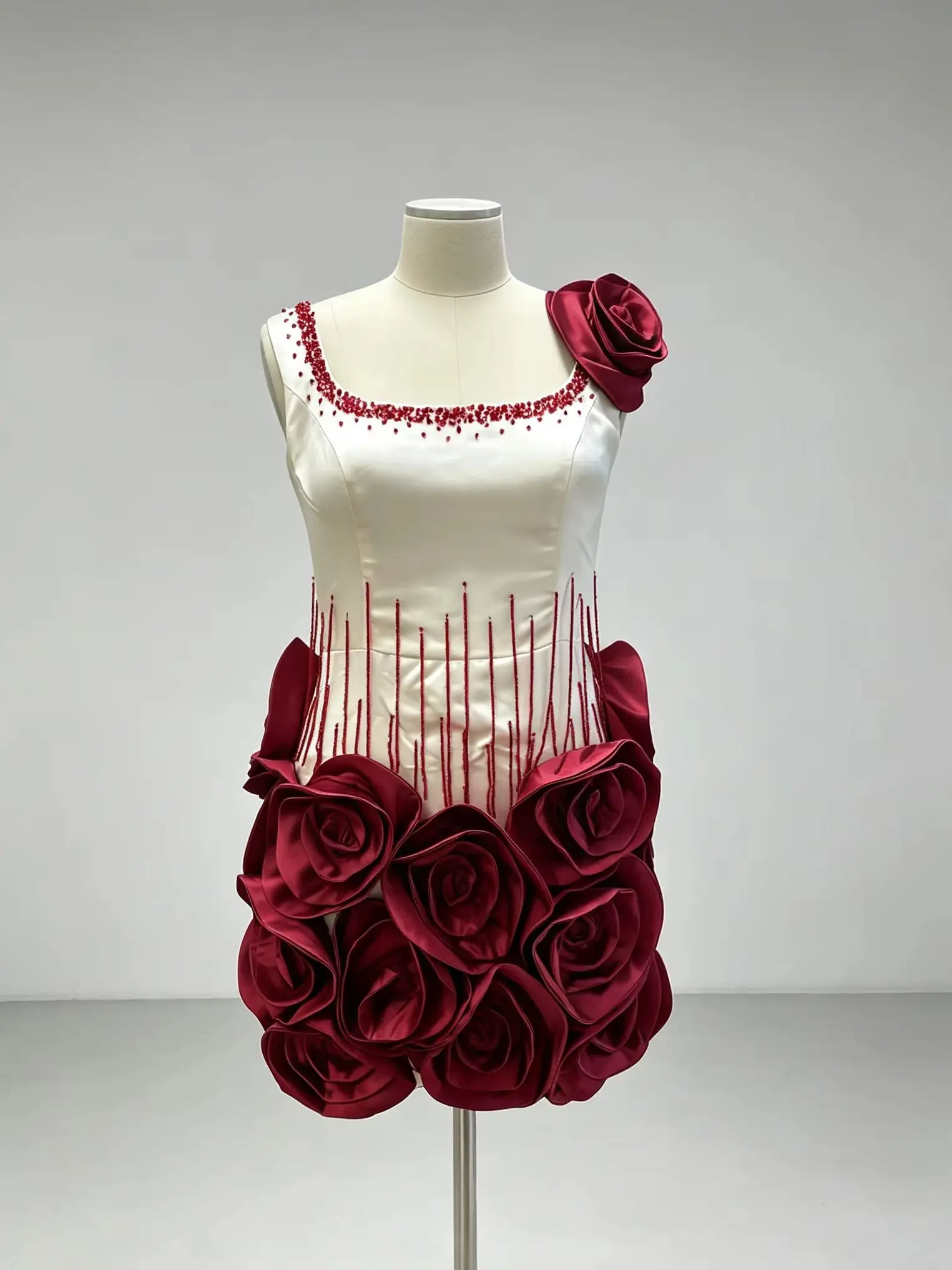 Elegant Ivory Dress With Red Embellishments And Large Rose Accents On Skirt And Shoulder Exudes Glamour And Sophistication Perfe