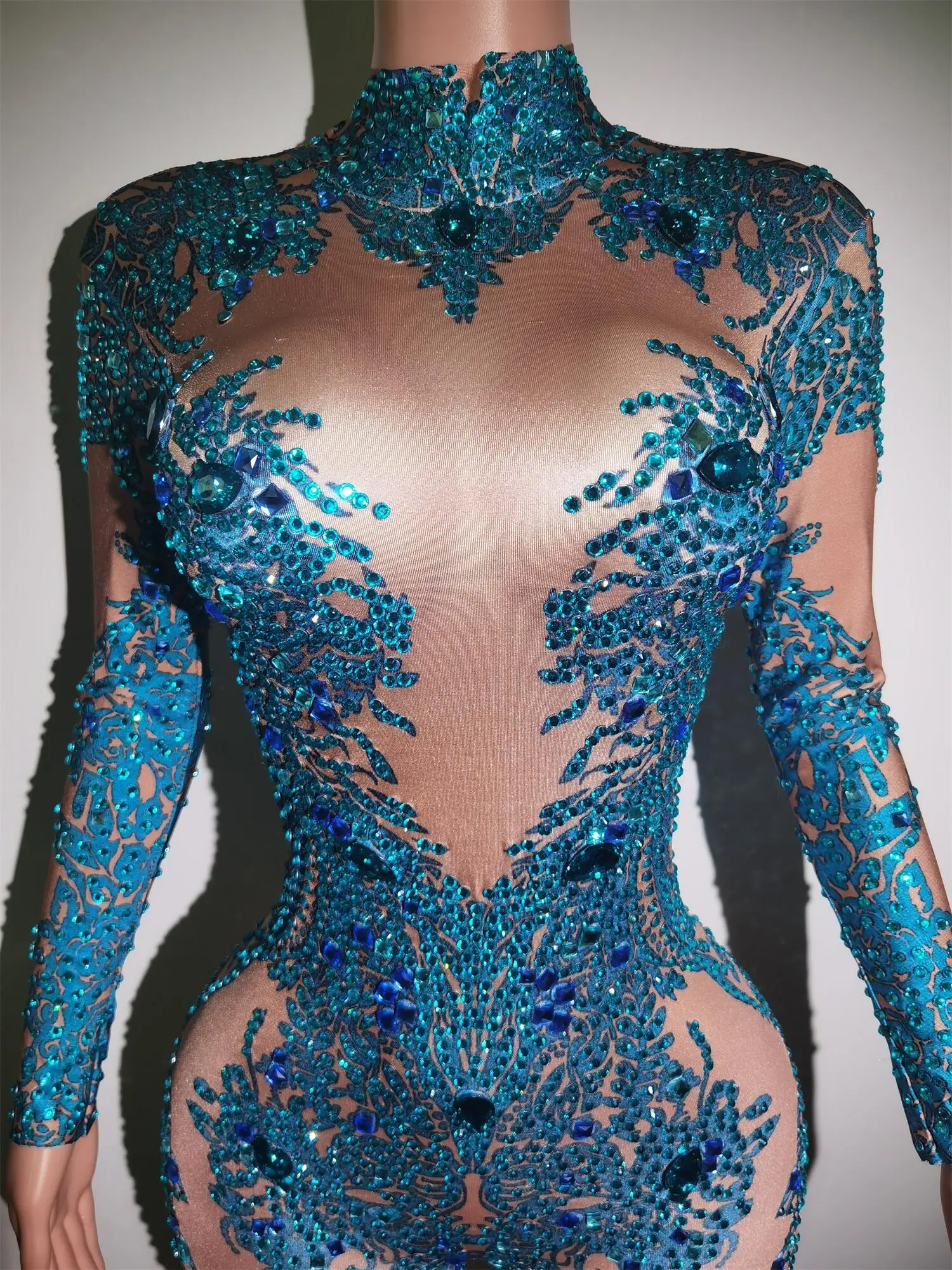 Sparkly Blue Rhinestones Jumpsuit Women One Piece Stretch Bodysuit Nightclub Party Outfit Singer Dance Performance Costume Putao