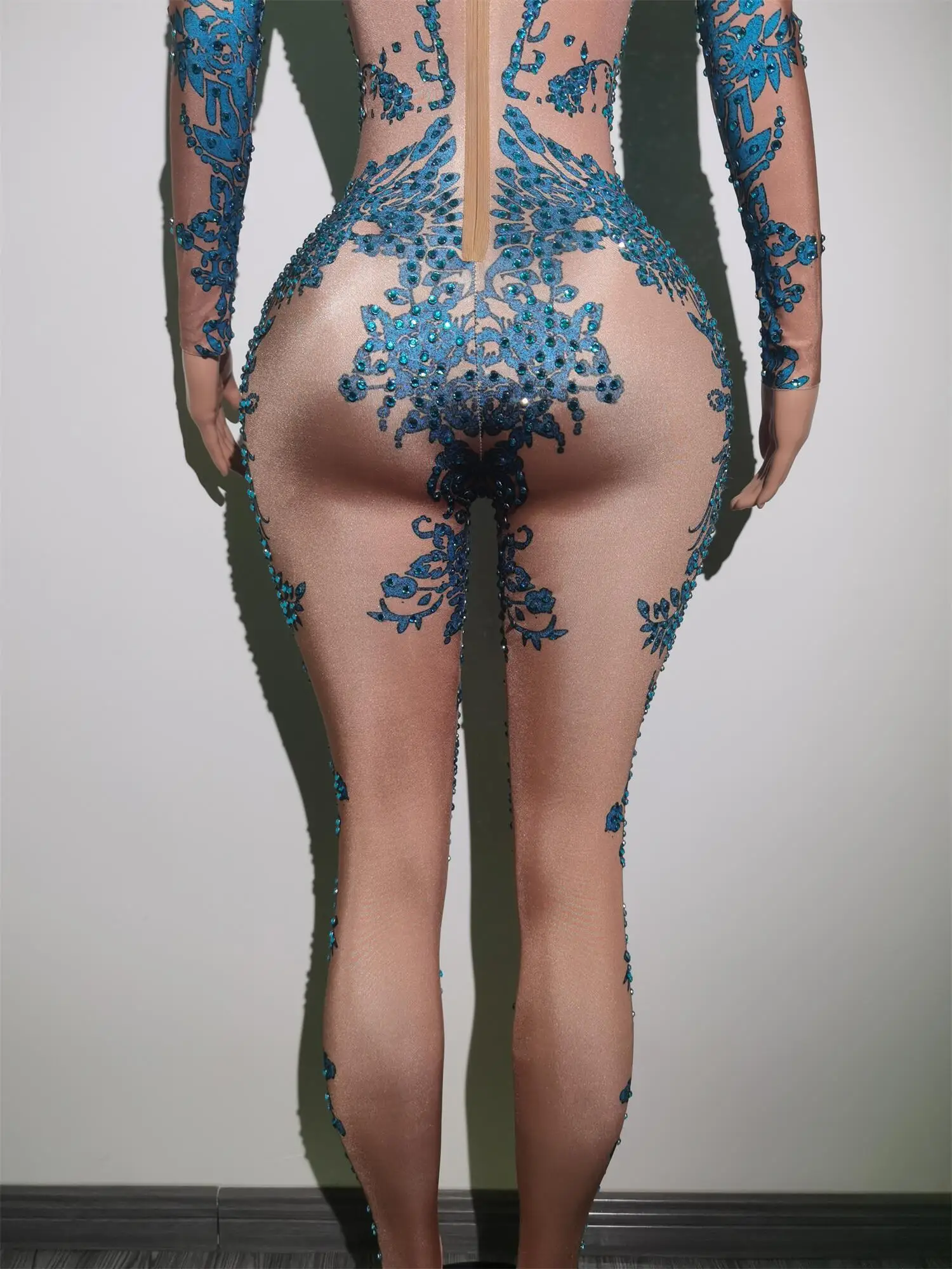 Sparkly Blue Rhinestones Jumpsuit Women One Piece Stretch Bodysuit Nightclub Party Outfit Singer Dance Performance Costume Putao