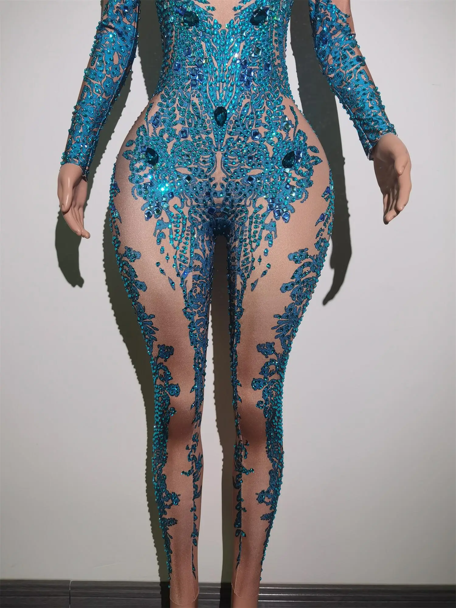 Sparkly Blue Rhinestones Jumpsuit Women One Piece Stretch Bodysuit Nightclub Party Outfit Singer Dance Performance Costume Putao
