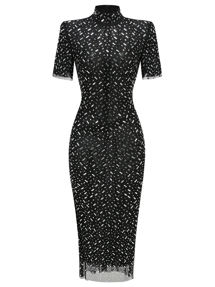 ZNS Fashion Prom Gown Black Short Sleeve Brithday Party Dresses Luxury 2025 Summer Skinny Hot Drilling Maxi Dress Women Clothes