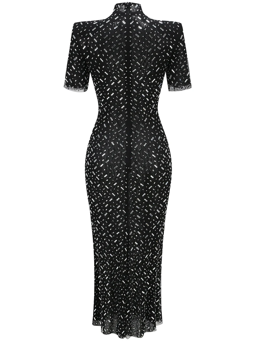 ZNS Fashion Prom Gown Black Short Sleeve Brithday Party Dresses Luxury 2025 Summer Skinny Hot Drilling Maxi Dress Women Clothes