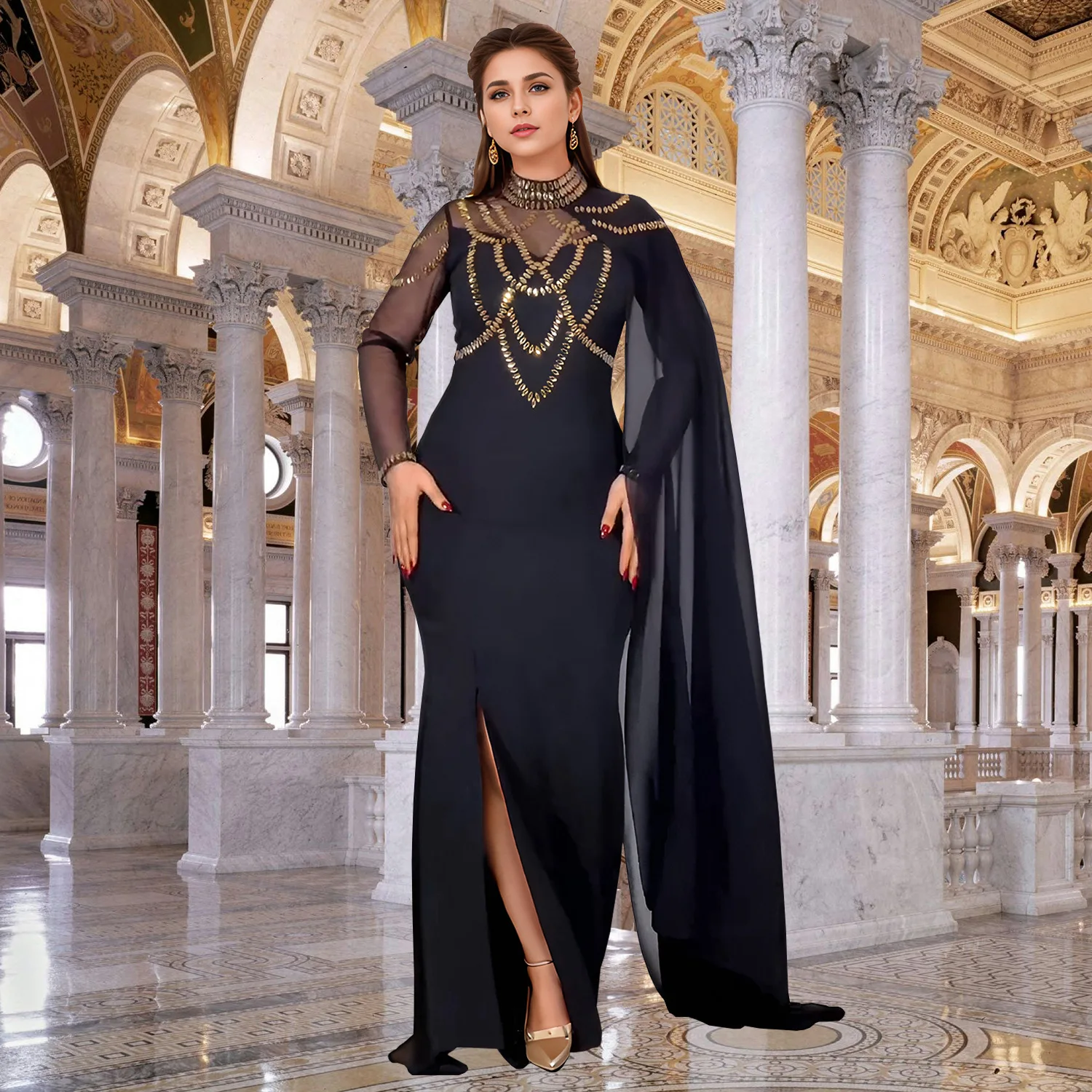 Fashionable and Elegant Women's Long Shawl Dress Middle Eastern Rhinestone Design Made Birthday Party Formal Gown Mermaid Dresse