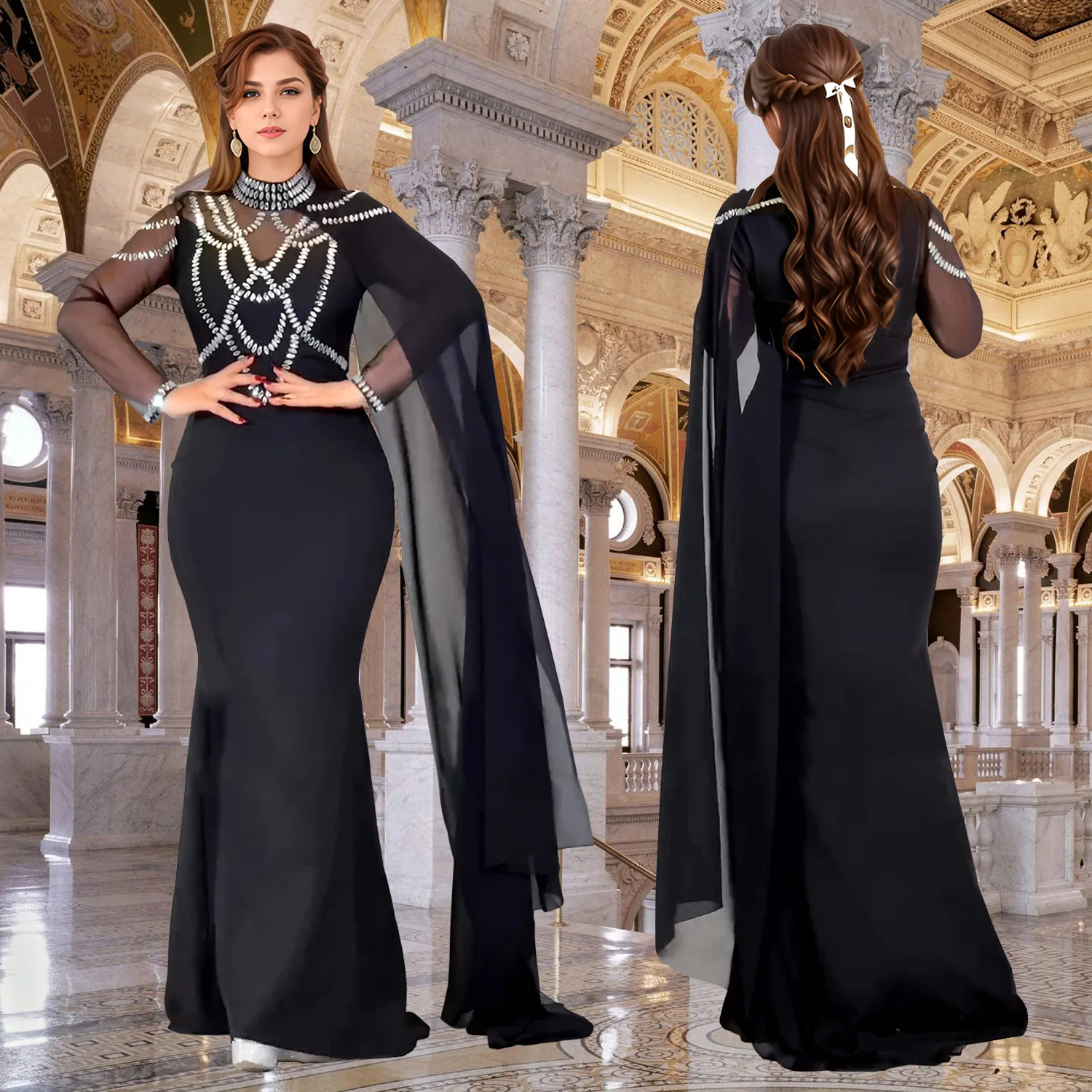 Fashionable and Elegant Women's Long Shawl Dress Middle Eastern Rhinestone Design Made Birthday Party Formal Gown Mermaid Dresse