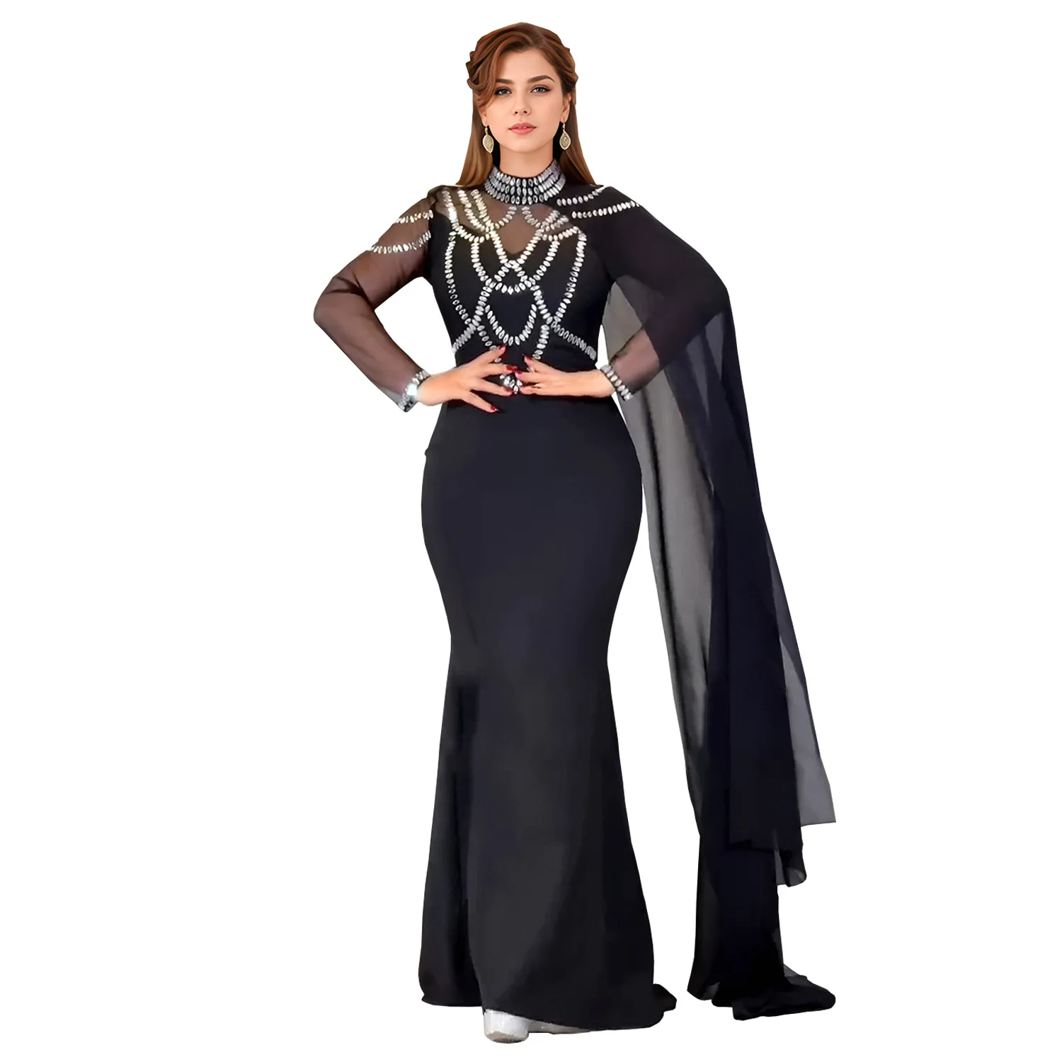 Fashionable and Elegant Women's Long Shawl Dress Middle Eastern Rhinestone Design Made Birthday Party Formal Gown Mermaid Dresse