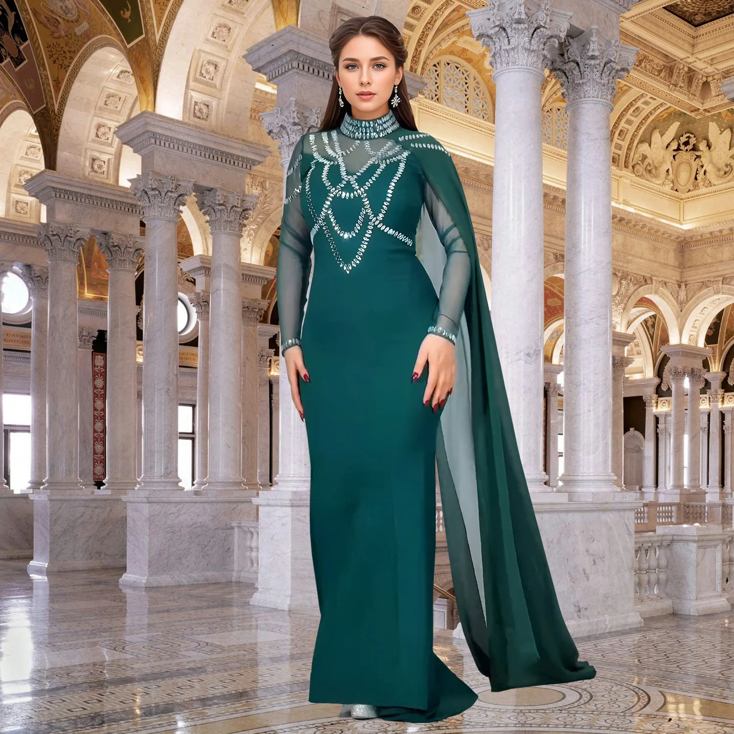 Fashionable and Elegant Women's Long Shawl Dress Middle Eastern Rhinestone Design Made Birthday Party Formal Gown Mermaid Dresse