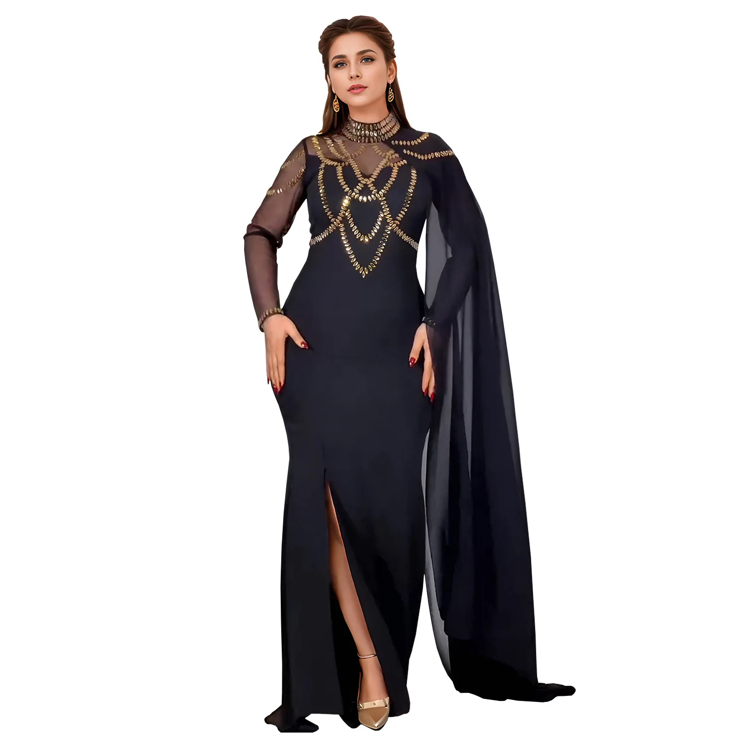 Fashionable and Elegant Women's Long Shawl Dress Middle Eastern Rhinestone Design Made Birthday Party Formal Gown Mermaid Dresse