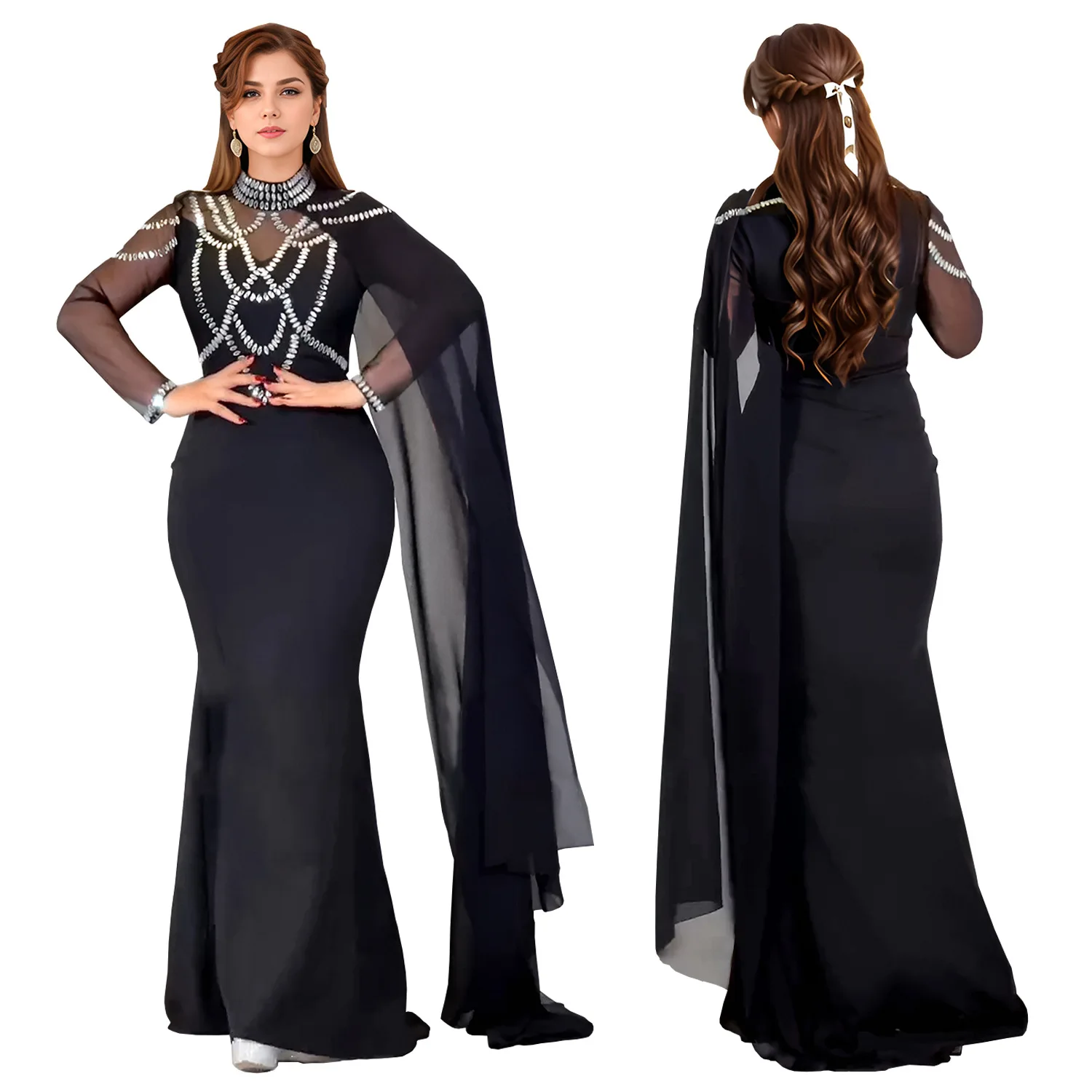Fashionable and Elegant Women's Long Shawl Dress Middle Eastern Rhinestone Design Made Birthday Party Formal Gown Mermaid Dresse