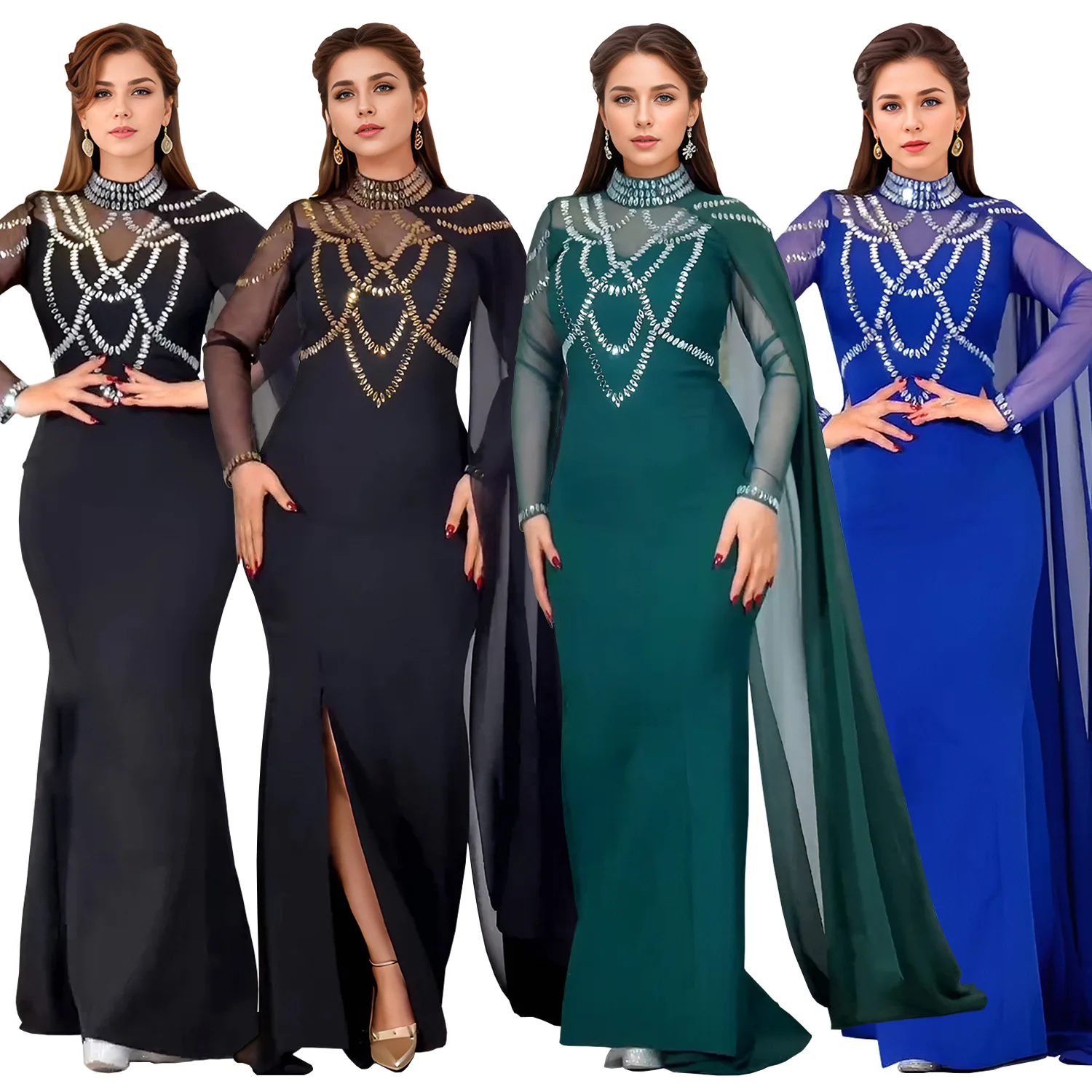Fashionable and Elegant Women's Long Shawl Dress Middle Eastern Rhinestone Design Made Birthday Party Formal Gown Mermaid Dresse