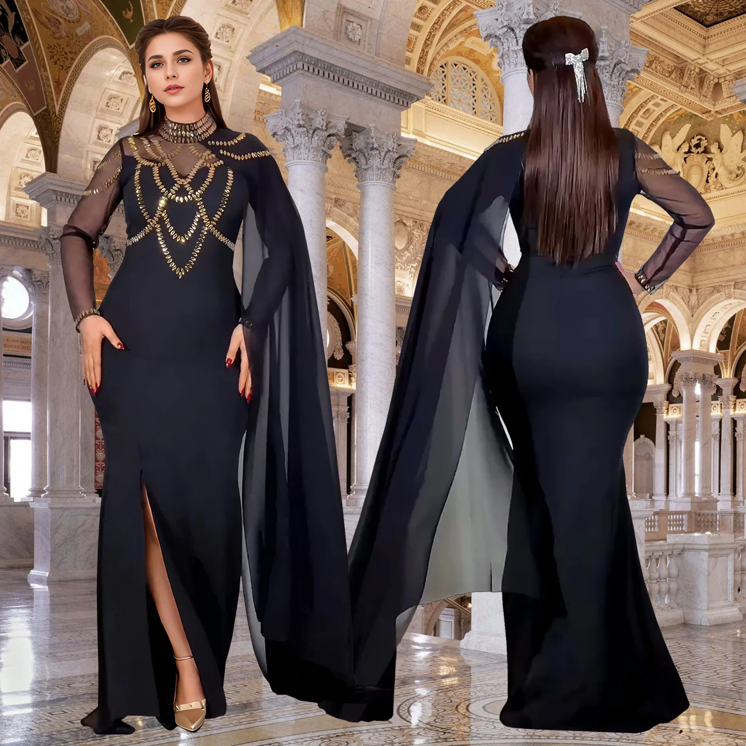 Fashionable and Elegant Women's Long Shawl Dress Middle Eastern Rhinestone Design Made Birthday Party Formal Gown Mermaid Dresse