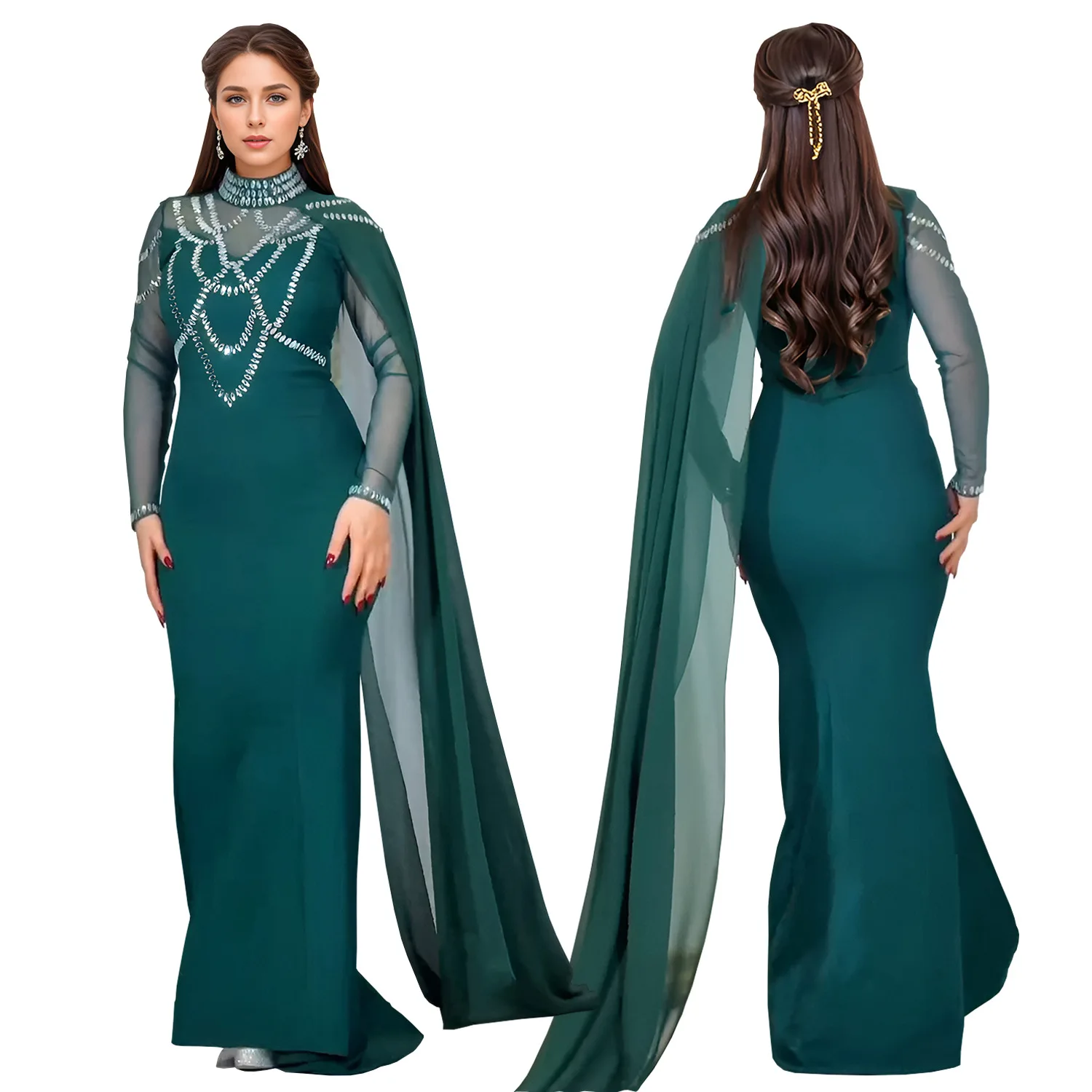 Fashionable and Elegant Women's Long Shawl Dress Middle Eastern Rhinestone Design Made Birthday Party Formal Gown Mermaid Dresse