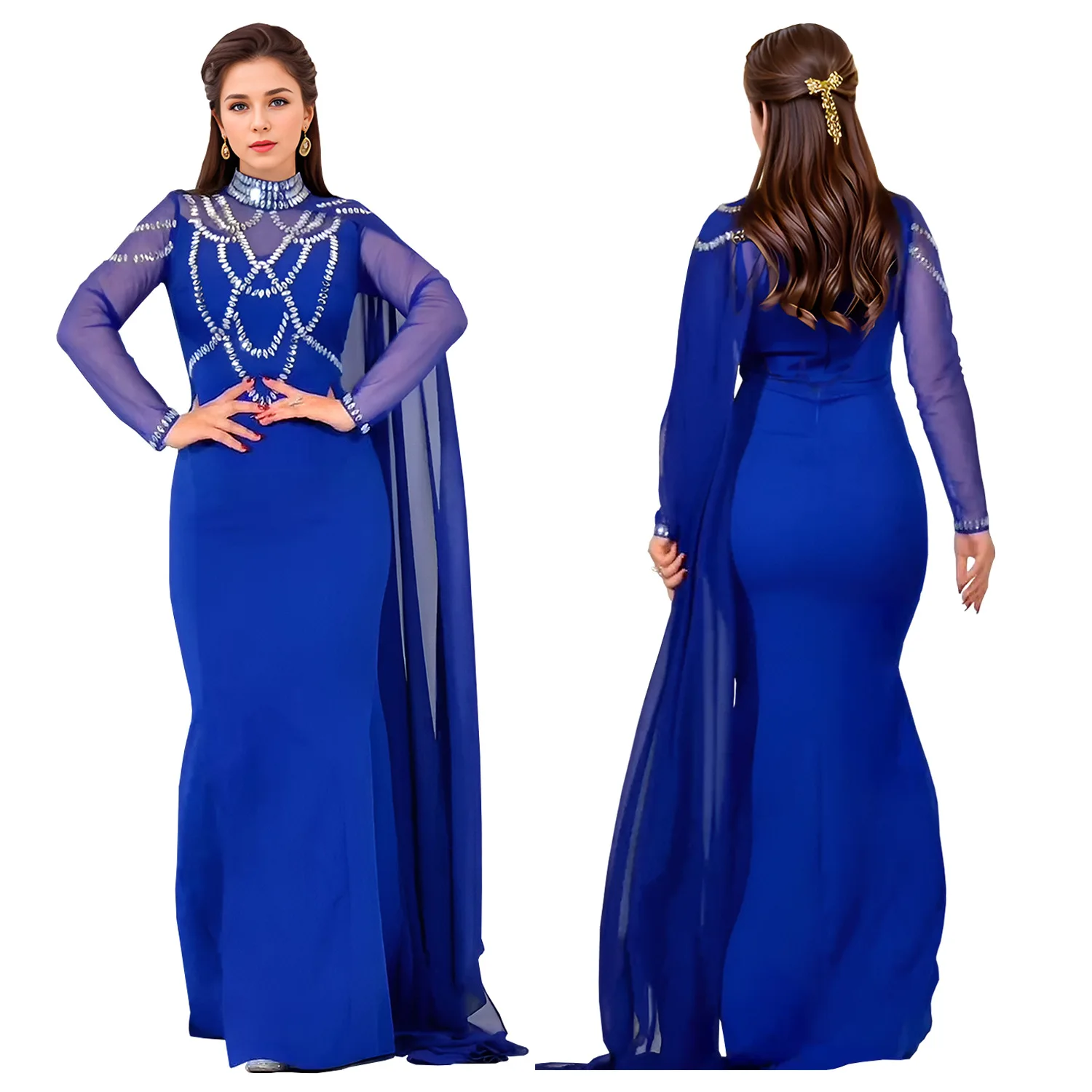 Fashionable and Elegant Women's Long Shawl Dress Middle Eastern Rhinestone Design Made Birthday Party Formal Gown Mermaid Dresse