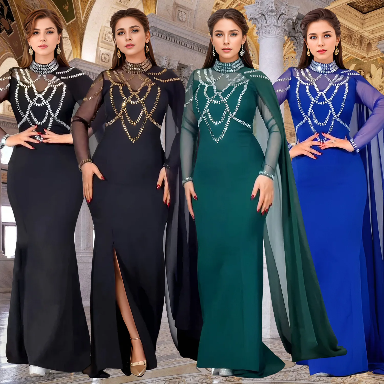 Fashionable and Elegant Women's Long Shawl Dress Middle Eastern Rhinestone Design Made Birthday Party Formal Gown Mermaid Dresse