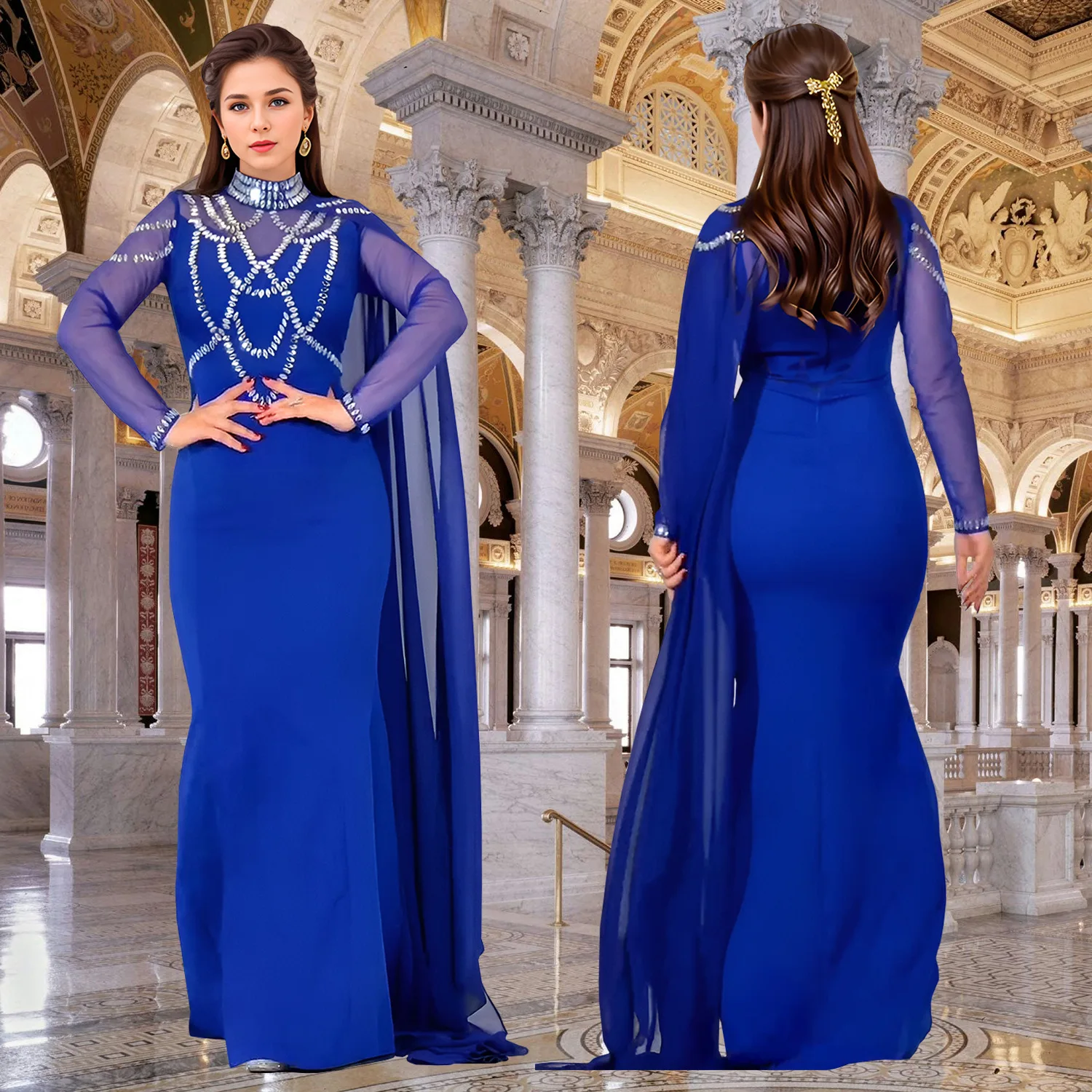 Fashionable and Elegant Women's Long Shawl Dress Middle Eastern Rhinestone Design Made Birthday Party Formal Gown Mermaid Dresse