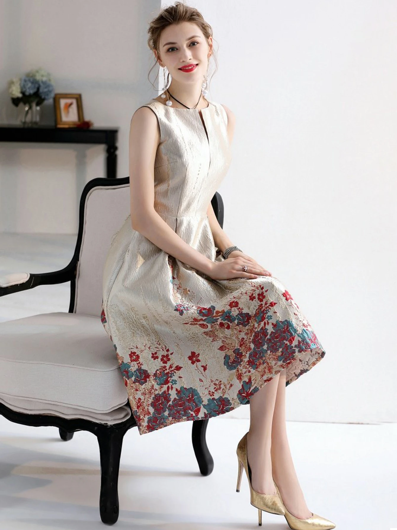 DEVCHATA Luxury Women Fashion High Quality Jacquard A Line Ball Gown Sleeveless Summer Casual Clothing Midi Femme Party Dressses