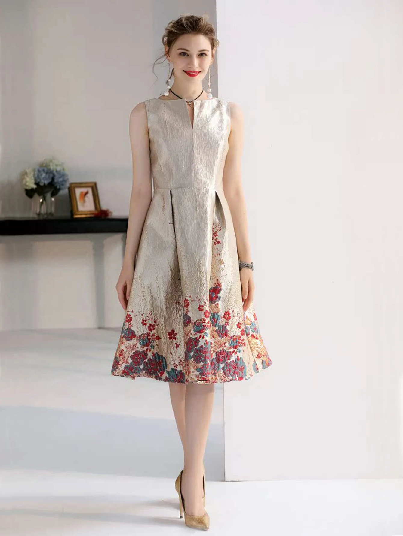 DEVCHATA Luxury Women Fashion High Quality Jacquard A Line Ball Gown Sleeveless Summer Casual Clothing Midi Femme Party Dressses