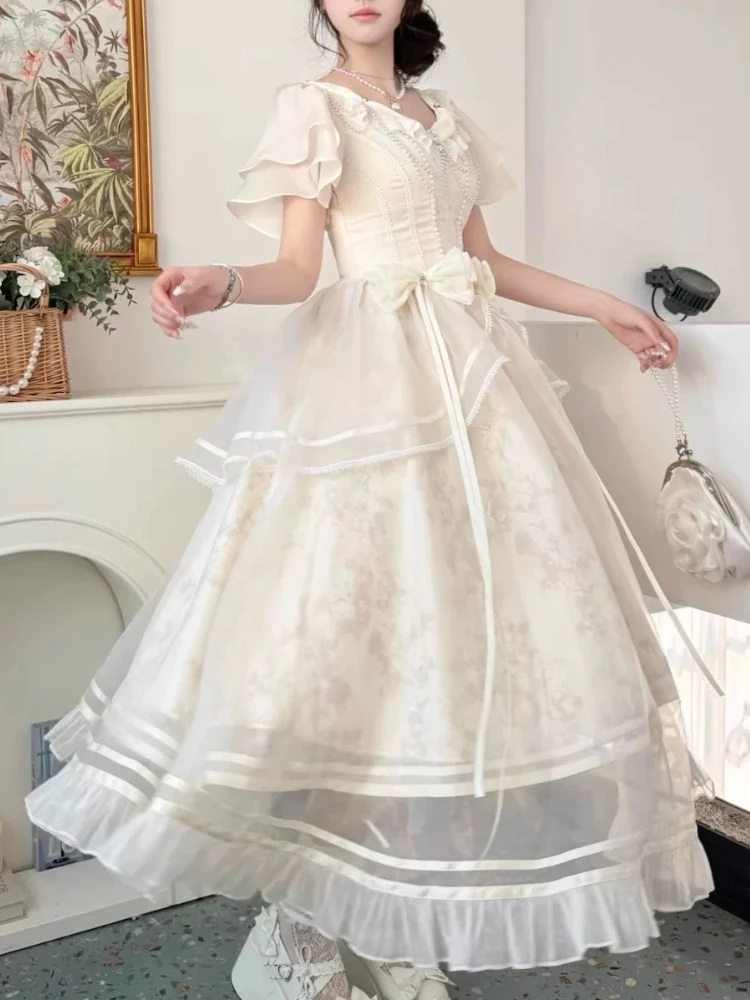 Forest Style Sweet Vintage Bow Design Dress Women Slim Fit A-Line Long Dress French Elegant Fairy Princess Prom Clothing 2025