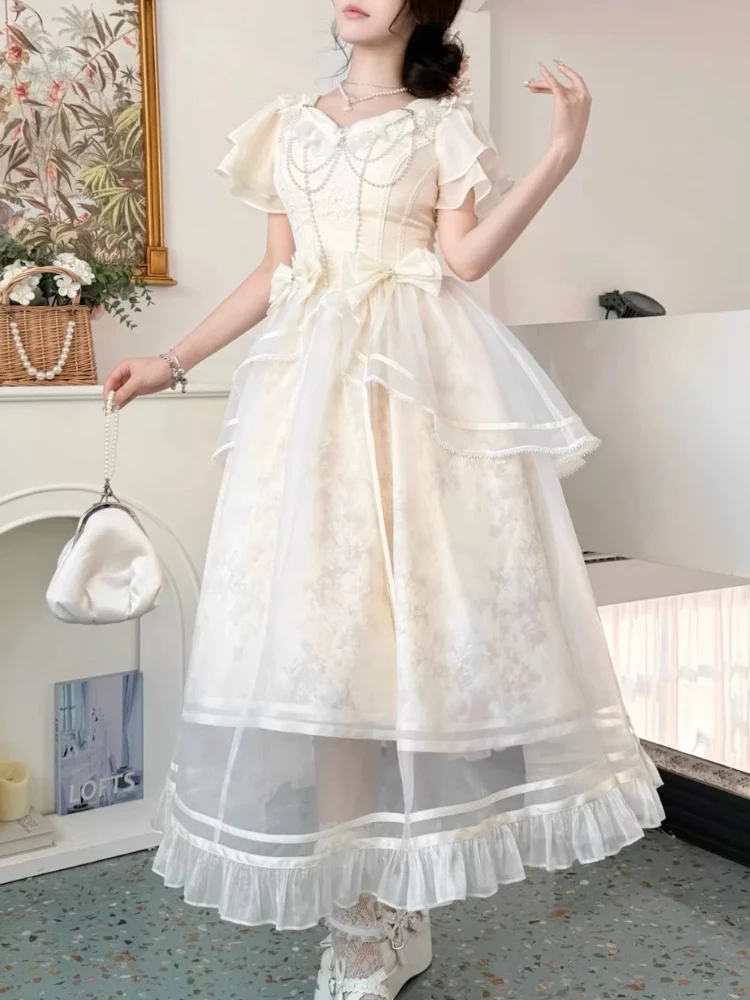 Forest Style Sweet Vintage Bow Design Dress Women Slim Fit A-Line Long Dress French Elegant Fairy Princess Prom Clothing 2025