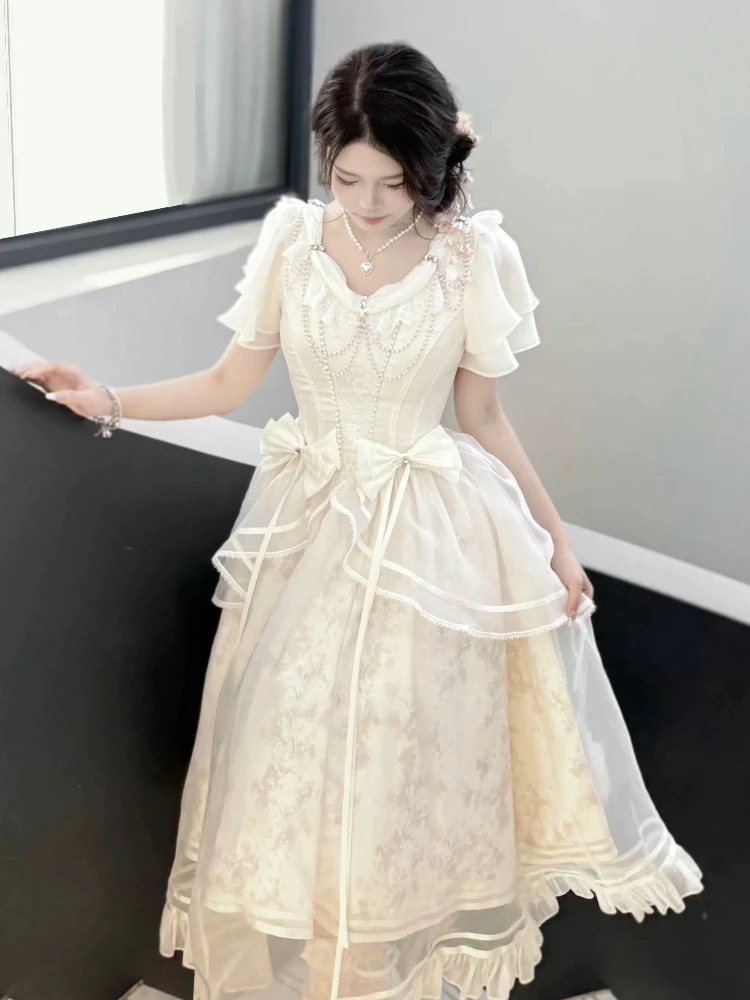 Forest Style Sweet Vintage Bow Design Dress Women Slim Fit A-Line Long Dress French Elegant Fairy Princess Prom Clothing 2025