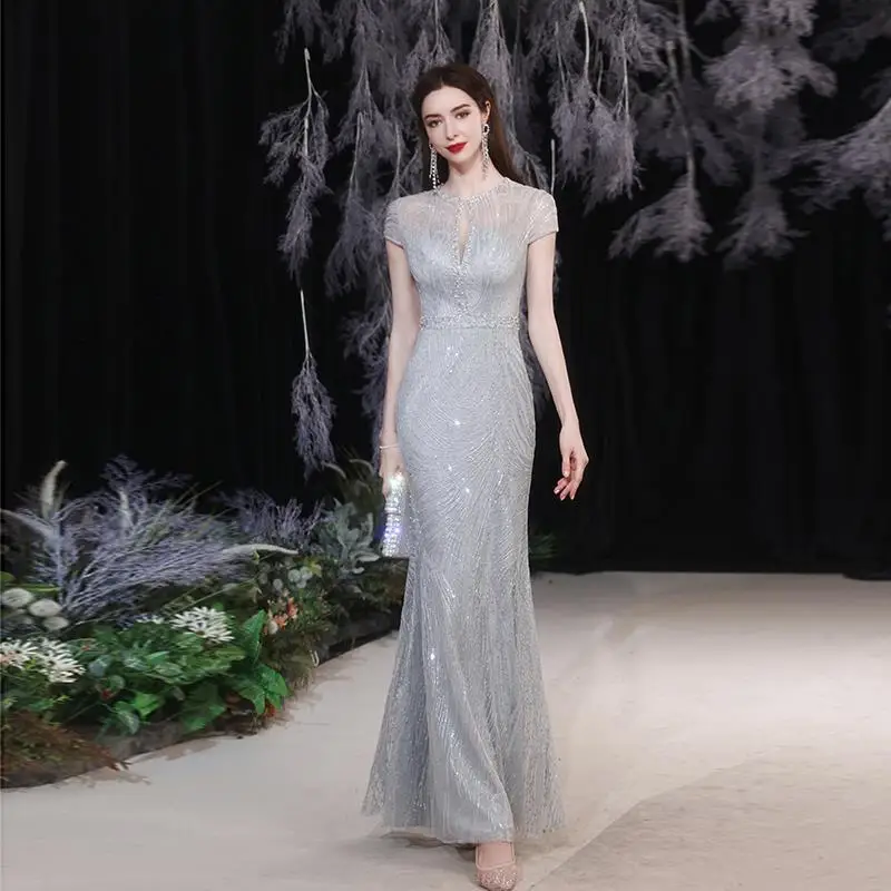 Gorgeous Sexy Round Neck Sequined Mermaid Long Formal Evening Dress Silver With Sleeves