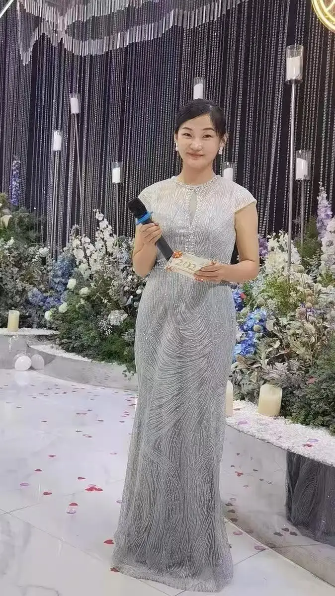 Gorgeous Sexy Round Neck Sequined Mermaid Long Formal Evening Dress Silver With Sleeves