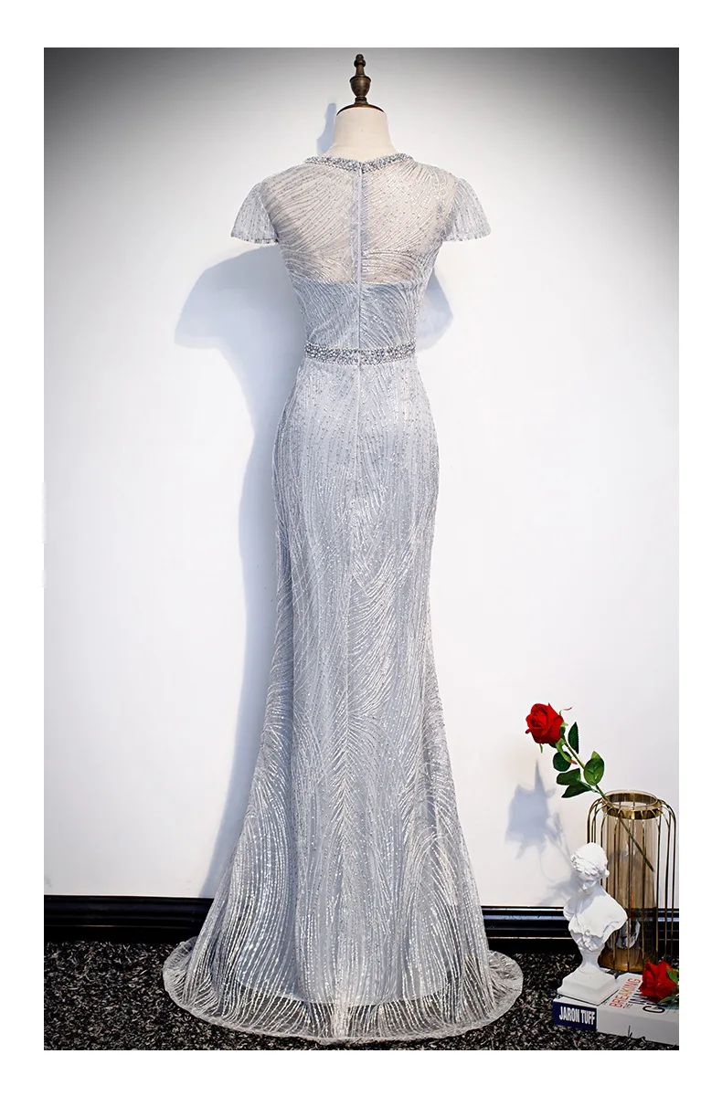 Gorgeous Sexy Round Neck Sequined Mermaid Long Formal Evening Dress Silver With Sleeves